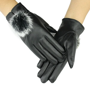 Winter warm driving ladies gloves premium quality leather gloves with bom ball