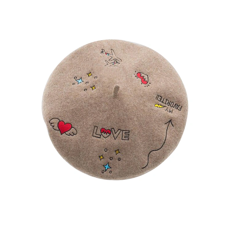 Cute high quality wool warm women beret with embroidery for wholesale