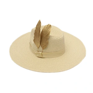 Mauncaturer Customized Made Wide Brim Straw Sun Hats Promotional Summer Beach Woven Paper Straw Hats With Feather