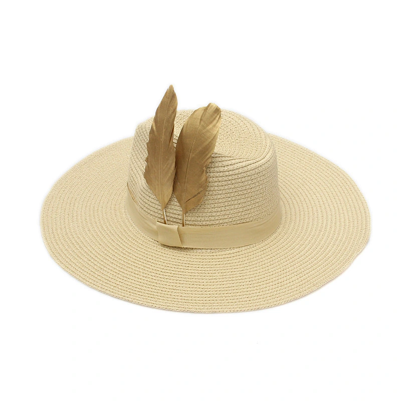 Mauncaturer Customized Made Wide Brim Straw Sun Hats Promotional Summer Beach Woven Paper Straw Hats With Feather