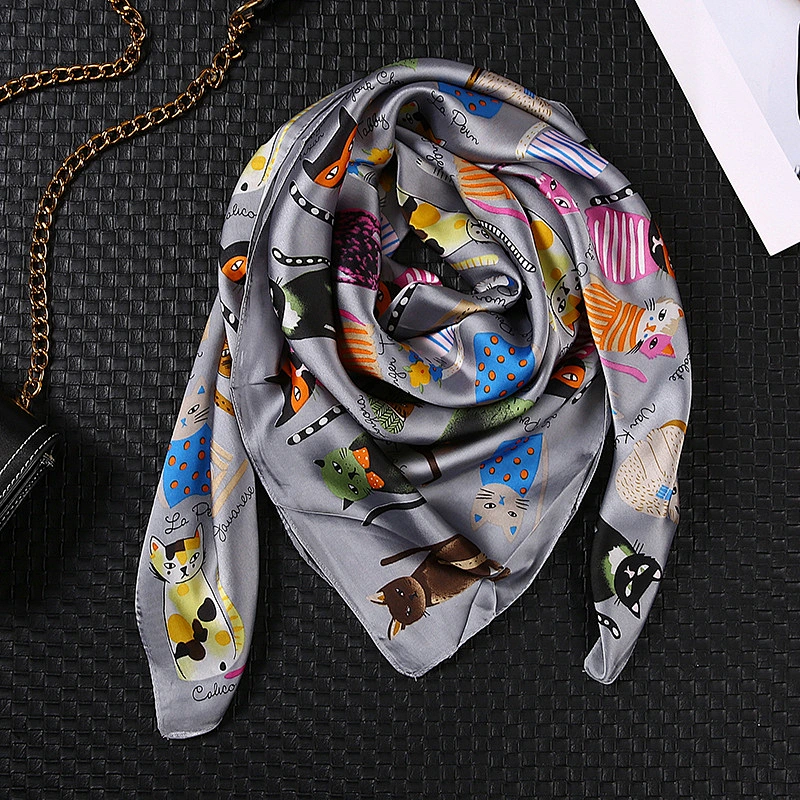 Spot cat cute print sunscreen square scarf cheap muslim elegant silk scarfs for women