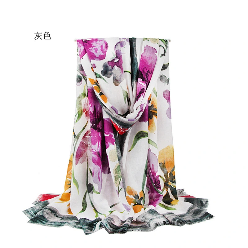 Flower printed cotton and linen sunscreen shawl scarf cotton pleated shawl for women