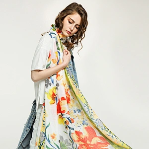Flower printed cotton and linen sunscreen shawl scarf cotton pleated shawl for women