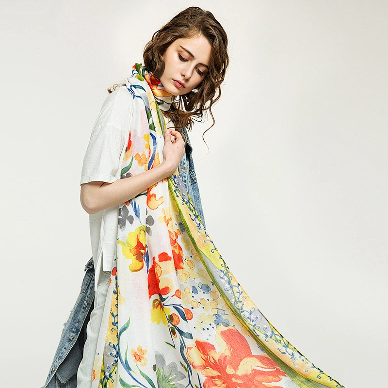 Flower printed cotton and linen sunscreen shawl scarf cotton pleated shawl for women