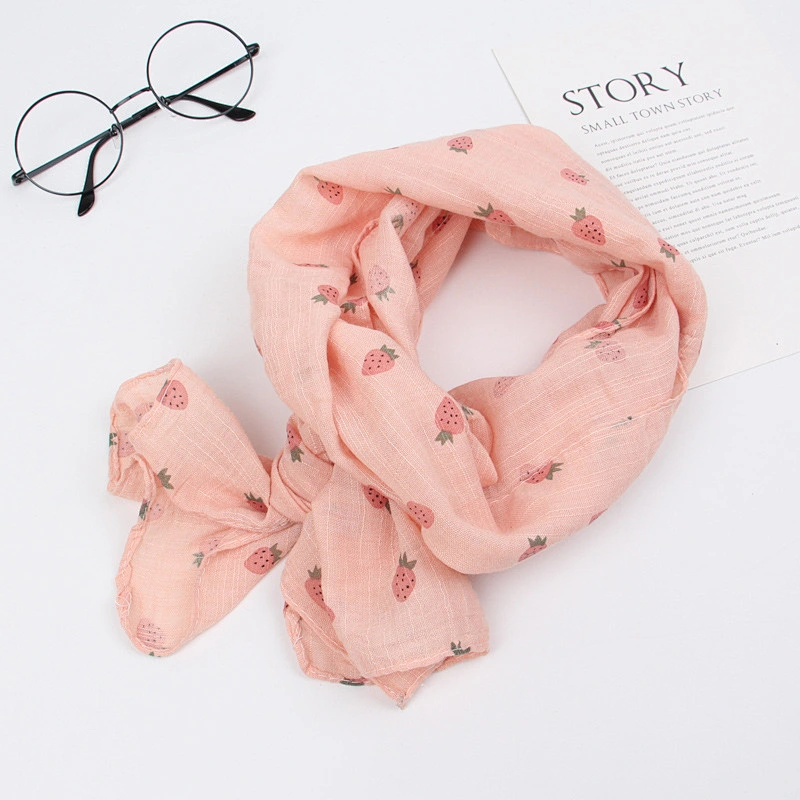 Simple printed cotton and linen thin strawberry pattern kids baby summer scarf