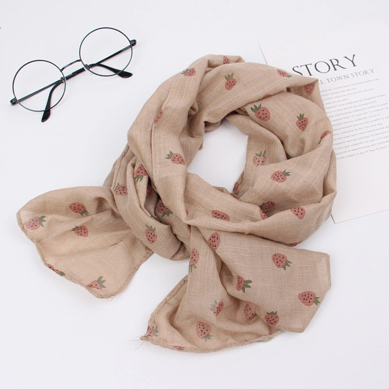Simple printed cotton and linen thin strawberry pattern kids baby summer scarf