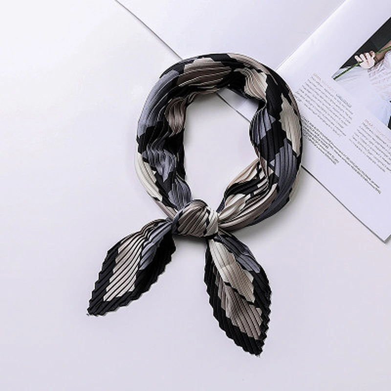 Temperament small square sunscreen pleated wild scarf double sided printing satin silk scarf