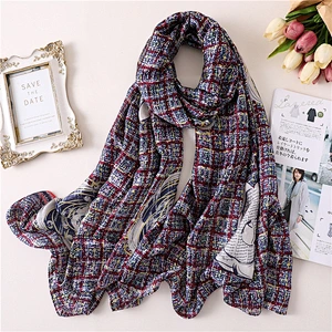 Color grid camellia pattern long scarf multi-purpose shawl wholesale plaid silk satin scarf