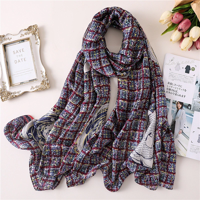 Color grid camellia pattern long scarf multi-purpose shawl wholesale plaid silk satin scarf