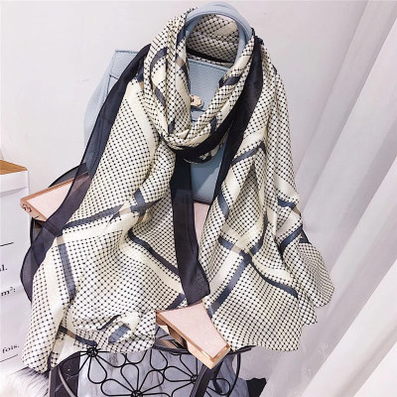 Summer dual-use long check print shawl  foulard silk twill scarf wholesale china