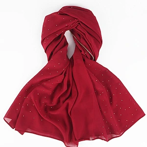 High quality pearl chiffon and diamond long muslim ladies polyester beaded hijab scarf