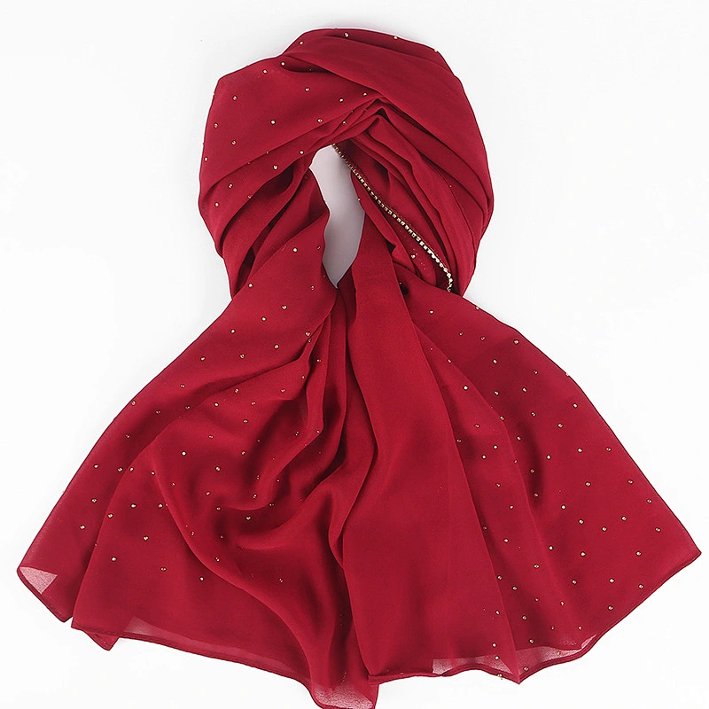 High quality pearl chiffon and diamond long muslim ladies polyester beaded hijab scarf