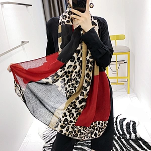 Women's thin leopard square stitching cotton and linen long shawl leopard silk blended scarf