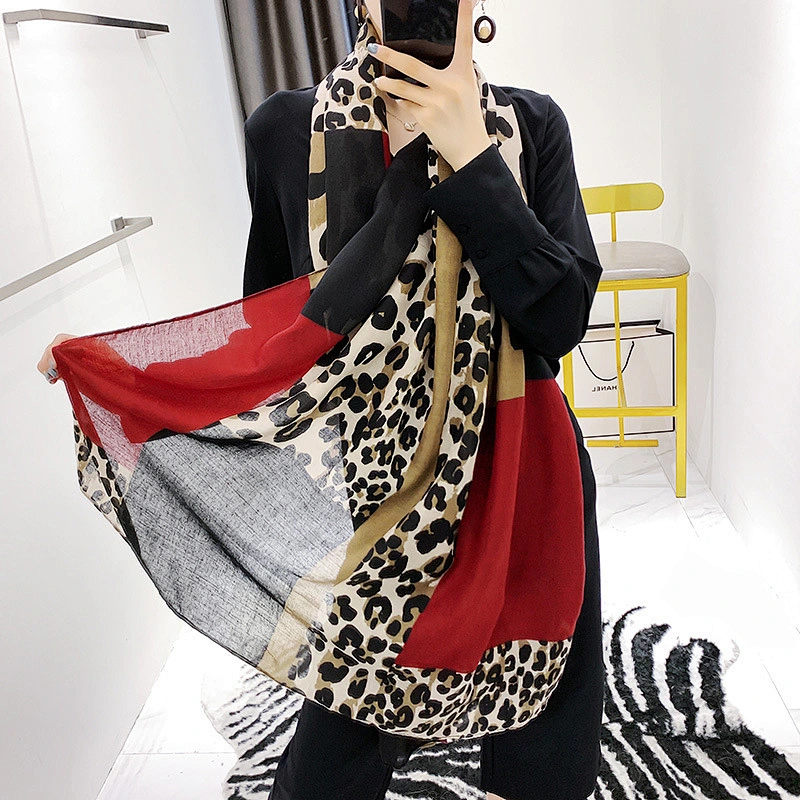 Women's thin leopard square stitching cotton and linen long shawl leopard silk blended scarf