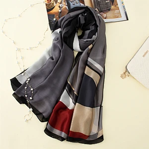 Female decorative travel beach towel simulation silk geometric print silk long scarf shawl promotional