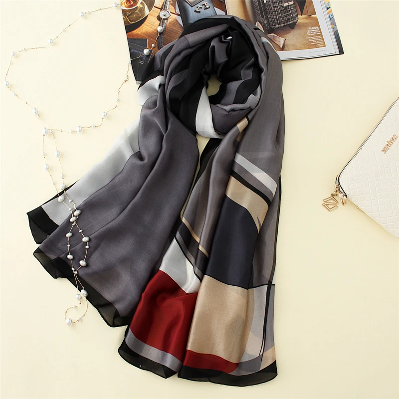 Female decorative travel beach towel simulation silk geometric print silk long scarf shawl promotional
