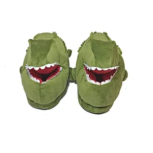 2019 Winter Adults Lovely Green Cartoon Crocodiles Plush Indoor Slippers Warm Cotton Padded Shoes