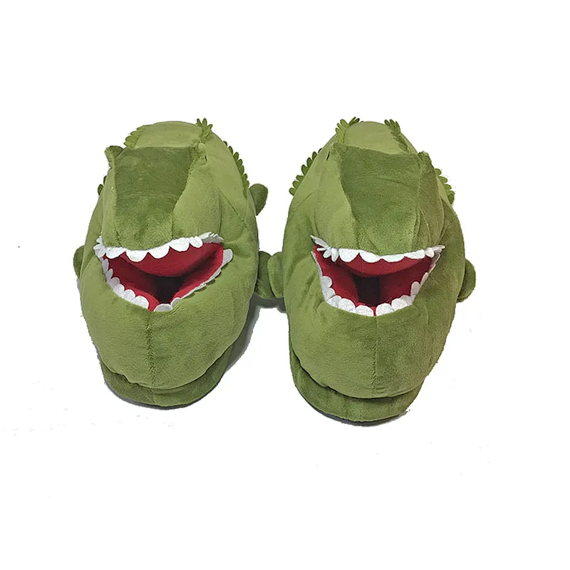 2019 Winter Adults Lovely Green Cartoon Crocodiles Plush Indoor Slippers Warm Cotton Padded Shoes