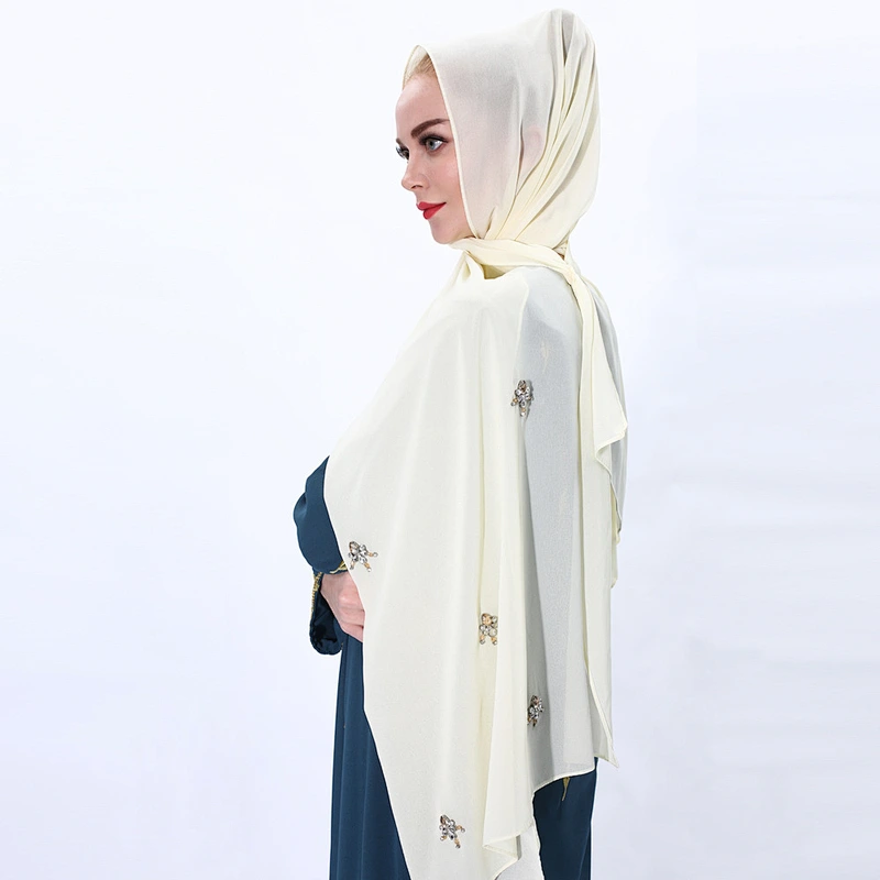 Breathable fashion long scarf muslim rhinestone ladies chiffon scarf hijab with pearl