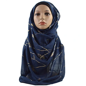 Women's muslim headscarf hijab gold leaf printed low price cotton and linen head scarf muslim hijab