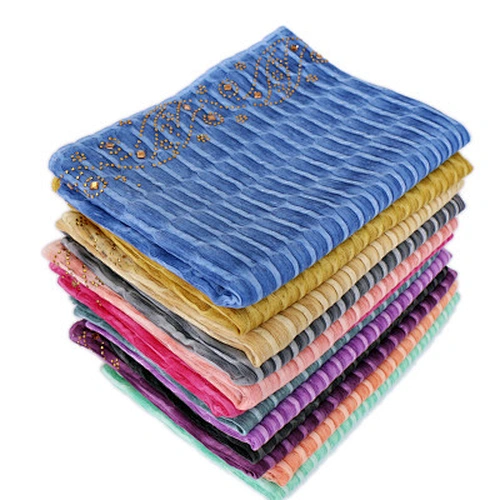 Autumn women hot selling solid color hot drilling muslim wholesale strips hijab silk scarf