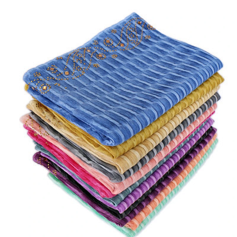 Autumn women hot selling solid color hot drilling muslim wholesale strips hijab silk scarf
