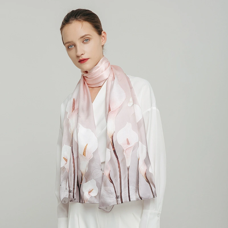 Lady elegant Satin Crepe Mulberry silk women long print silk scarf