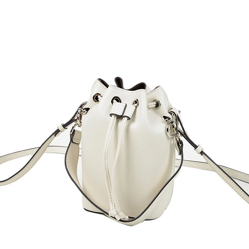 Fashion women genuine leather hand bag lady bucket shoulder handbag with drawstring