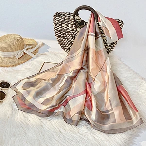 New style satin curled silk scarf fashion mid-length printed color grid hijab silk scarf muslim shawl
