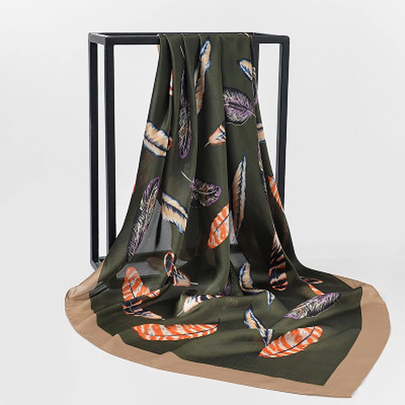 Classic wild summer imitated silk feather sunscreen printing silk square scarf 90x90