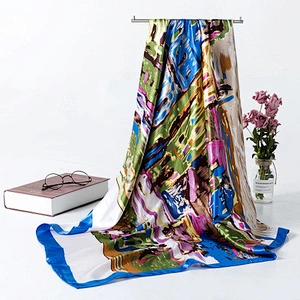 New oil painting art sunscreen scarf ladies women printed shawl satin silk square scarf