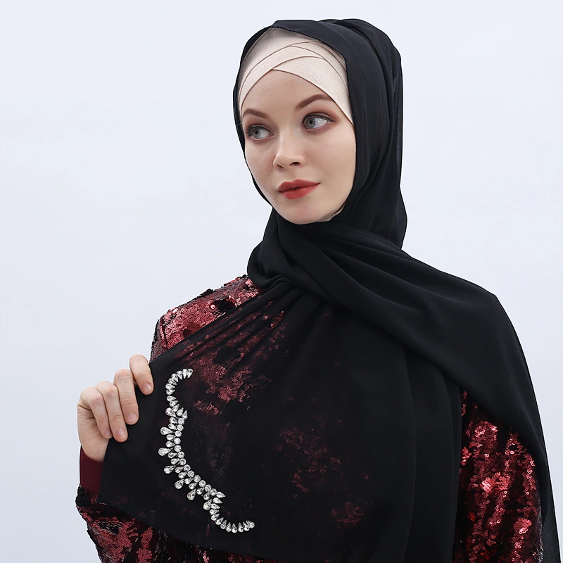 Factory spot muslim fashion crown hot diamond breathable pearl premium chiffon scarf women