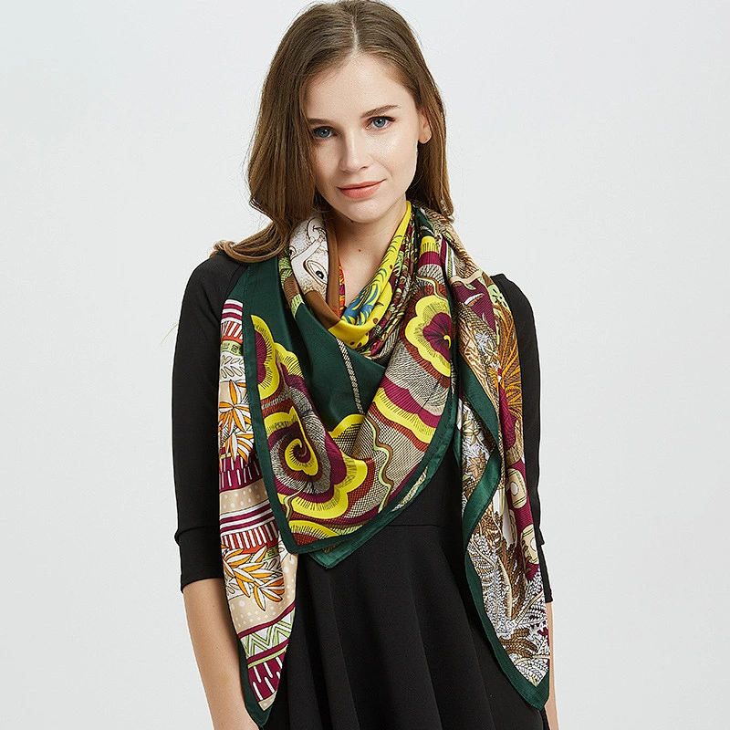 130*130CM Women's Orange Oversized Sunscreen Printed Shawl silk twill large square scarf