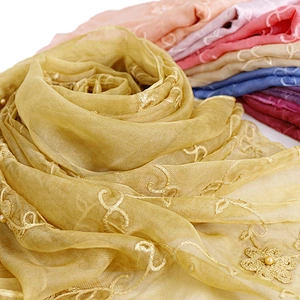 Muslim jacquard pearl imitated silk embroidered women scarf lace shawl hijab women