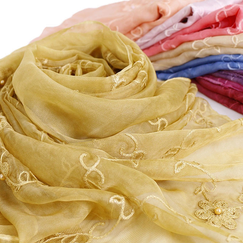 Muslim jacquard pearl imitated silk embroidered women scarf lace shawl hijab women