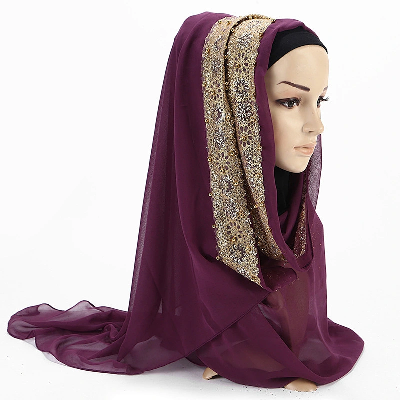 Solid color chiffon pearl jacquard inlaid diamond scarf cheap long women chiffon scarves hijab