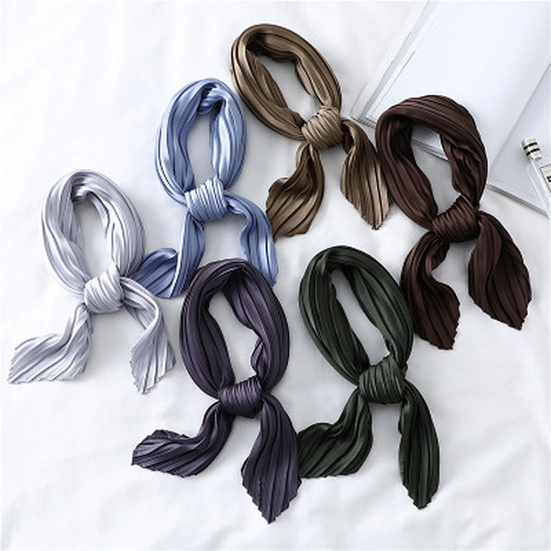 Solid color wild plain creased small satin simulation silk square scarf scarves for women