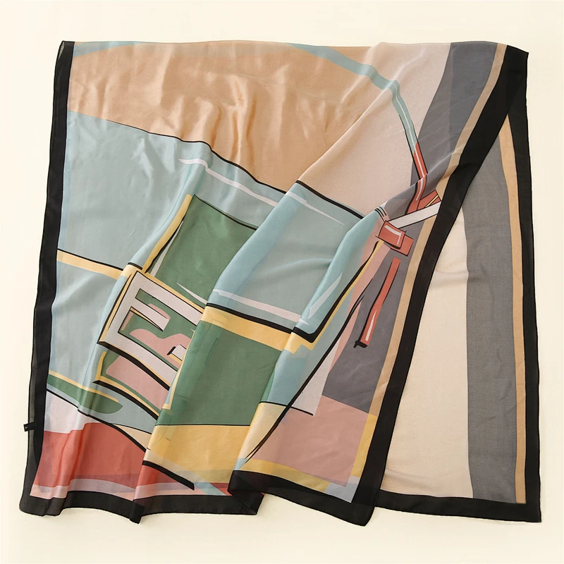 Female decorative travel beach towel simulation silk geometric print silk long scarf shawl promotional
