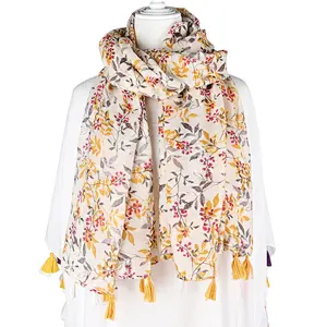 Scarf Women Hijab Comfortable Polyester Silk Scarf 180 * 90Cm Floral Tassel Scarf Wholesale