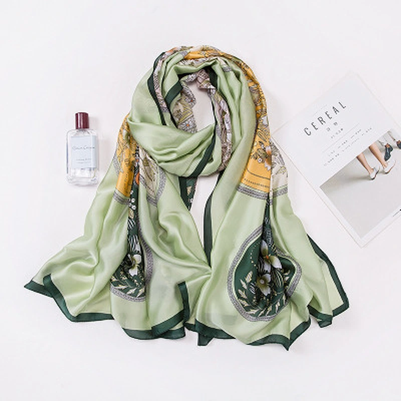 Simulation silk satin long fresh wind scarf female sunscreen print satin silk shawl scarf