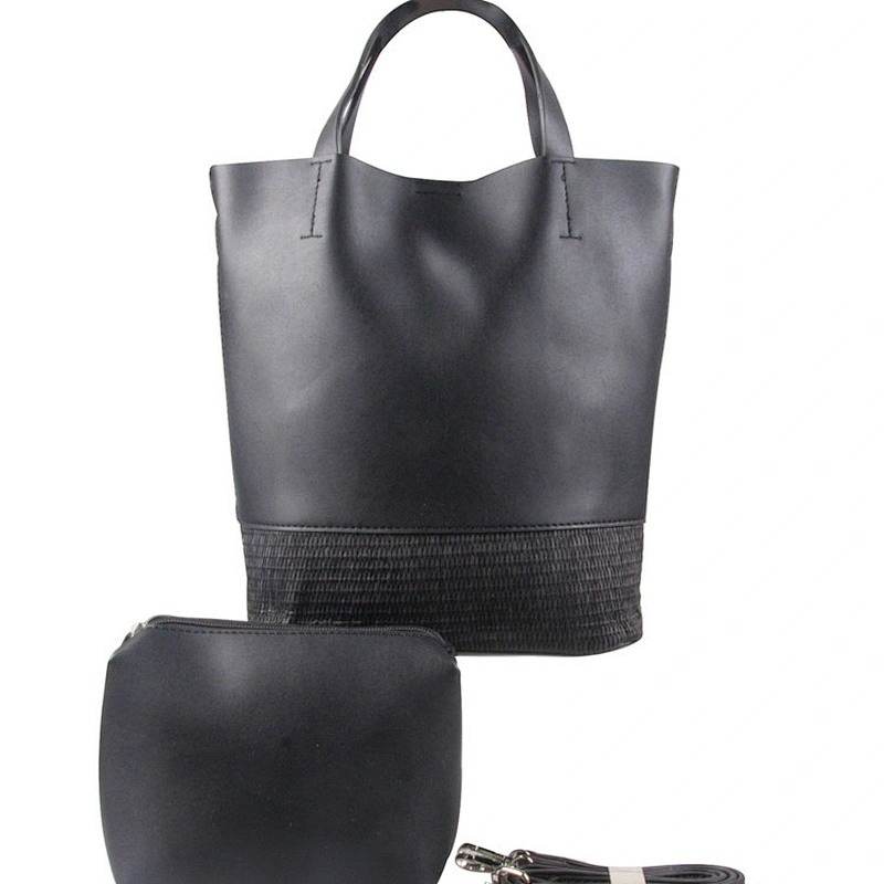 China Wholesale Black Leather Ladies Tote Bag Travel Handbag Sets