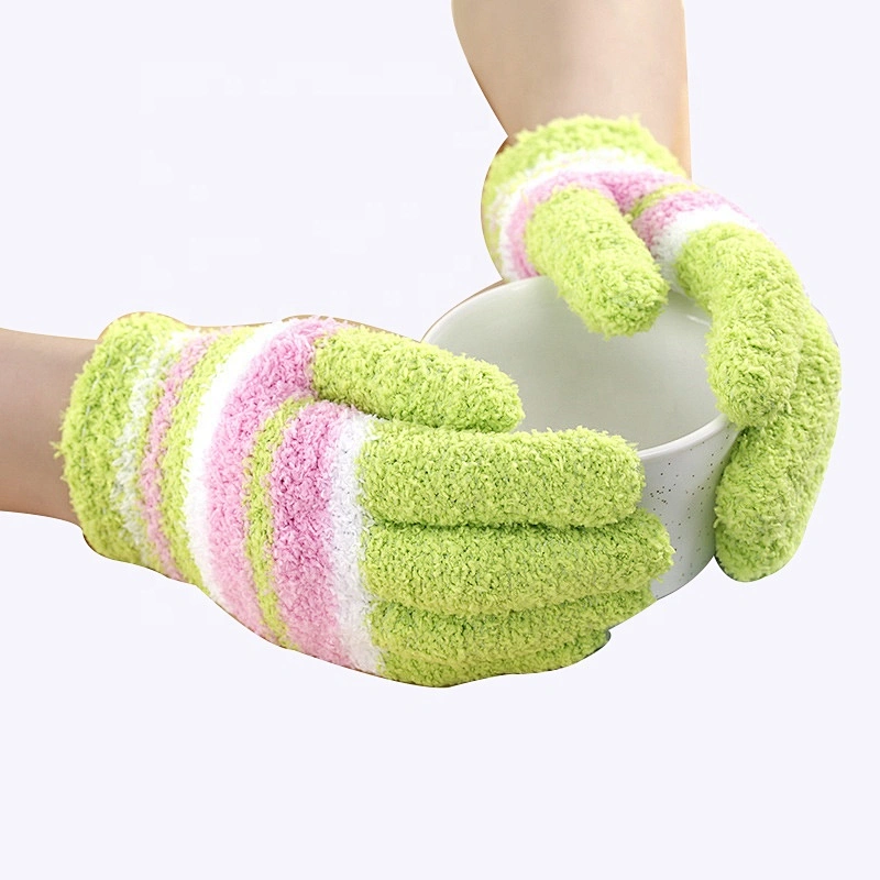 Striped Knit Fall Winter Gloves Coral Fleece Fuzzy Warm Mittens Gloves