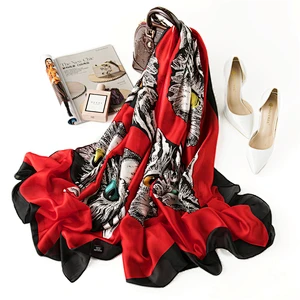 Wholesale sunscreen scarf seaside travel cute cartoon cat printed long silk scarf shawl for women
