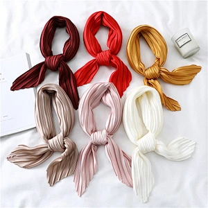 Solid color wild plain creased small satin simulation silk square scarf scarves for women
