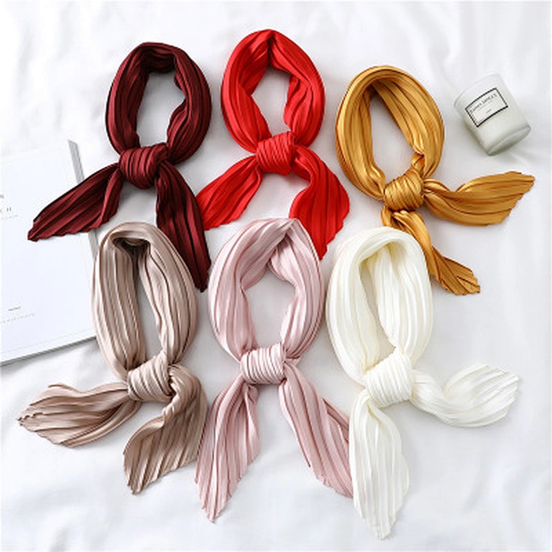 Solid color wild plain creased small satin simulation silk square scarf scarves for women
