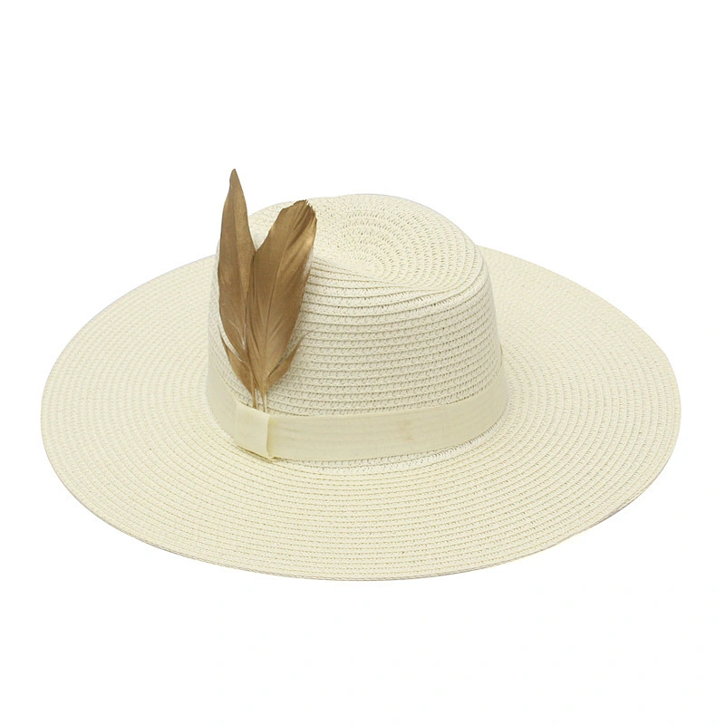Mauncaturer Customized Made Wide Brim Straw Sun Hats Promotional Summer Beach Woven Paper Straw Hats With Feather
