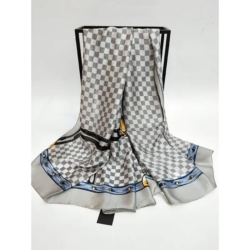 Classic check new silk satin printed ladies multifunctional shawl custom satin silk scarf