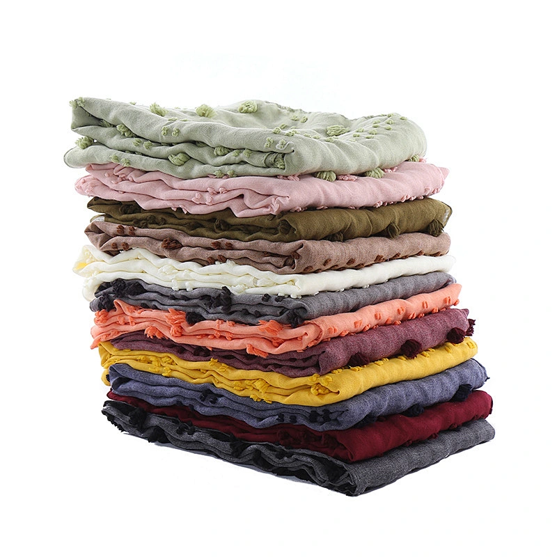 Ladies scarf fashion jacquard artificial cotton solid colour cotton plain scarf shawls with tassel