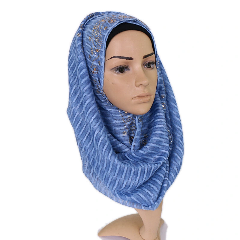 Autumn women hot selling solid color hot drilling muslim wholesale strips hijab silk scarf