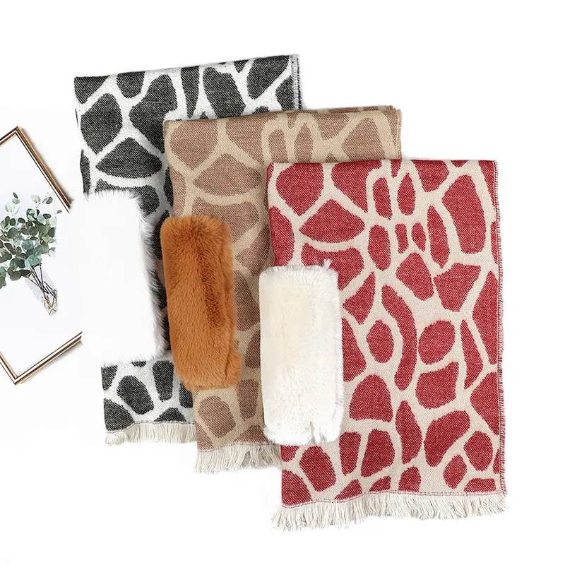 Stylish lazy rabbit fur pocket with long warm stone pattern women lady winter shawls  cashmere scarf